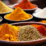 **A vibrant and colorful display of common Pakistani spices (turmeric, red chili powder, coriander, cumin, garam masala) arranged artfully on a traditional wooden tray. Focus on texture and detail, with a blurry background of a bustling Pakistani market (bazaar). Warm lighting.**