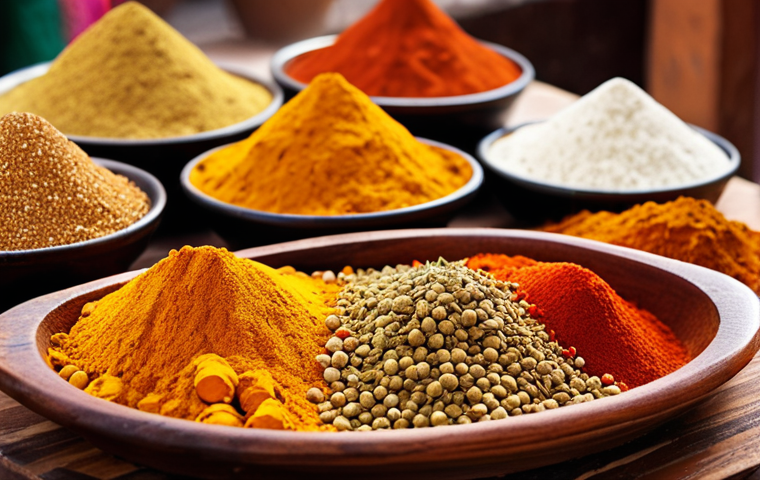 **A vibrant and colorful display of common Pakistani spices (turmeric, red chili powder, coriander, cumin, garam masala) arranged artfully on a traditional wooden tray. Focus on texture and detail, with a blurry background of a bustling Pakistani market (bazaar). Warm lighting.**