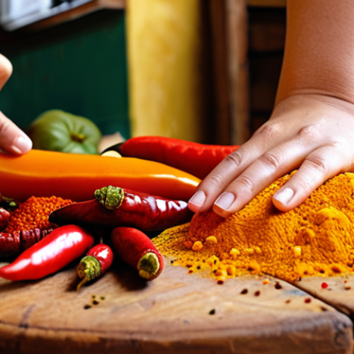 Home 18 A vibrant close-up of a rustic wooden table laden with an array of colorful South American spices and chilies. Feature prominent bright yellow Aji Amarillo, round red Rocoto peppers, and deep orange Achiote seeds. A hand is gently reaching towards them, conveying a sense of wonder and personal discovery. The background is softly blurred, hinting at a bustling market or a traditional kitchen, with natural, warm lighting. High detail, food photography style.