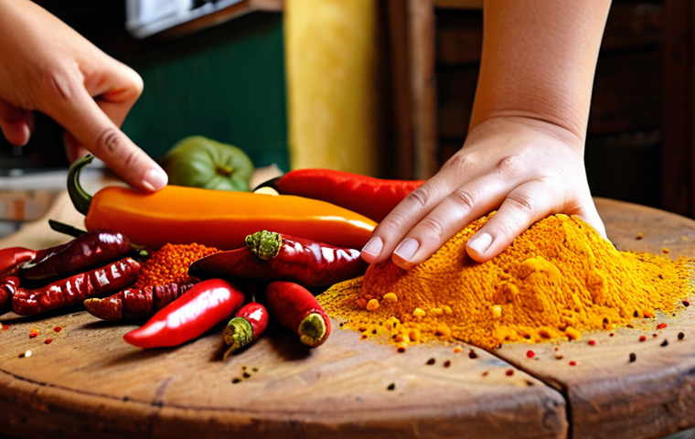 A vibrant close-up of a rustic wooden table laden with an array of colorful South American spices and chilies. Feature prominent bright yellow Aji Amarillo, round red Rocoto peppers, and deep orange Achiote seeds. A hand is gently reaching towards them, conveying a sense of wonder and personal discovery. The background is softly blurred, hinting at a bustling market or a traditional kitchen, with natural, warm lighting. High detail, food photography style.
