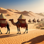 An epic, cinematic illustration capturing the historical odyssey of spices. In the foreground, ancient land caravans, perhaps with camels adorned with traditional South Asian elements, traverse a vast, golden desert landscape, reminiscent of the Silk Road. In the background, magnificent sailing ships, like those used by early explorers, journey across deep blue oceans, symbolizing the maritime spice routes. The scene should vividly convey the ancient trade of valuable spices, acting as a bridge for the exchange of knowledge, culture, and art between diverse civilizations like those of the Indian subcontinent, Middle East, and Europe. The lighting is warm and ethereal, suggesting a golden era of discovery and global connection. The overall mood is one of adventurous wonder and profound cultural merging. --ar 16:9 --v