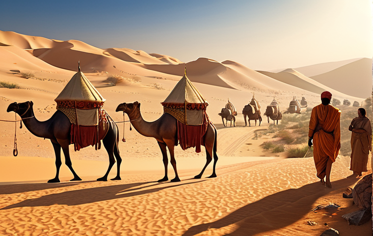 An epic, cinematic illustration capturing the historical odyssey of spices. In the foreground, ancient land caravans, perhaps with camels adorned with traditional South Asian elements, traverse a vast, golden desert landscape, reminiscent of the Silk Road. In the background, magnificent sailing ships, like those used by early explorers, journey across deep blue oceans, symbolizing the maritime spice routes. The scene should vividly convey the ancient trade of valuable spices, acting as a bridge for the exchange of knowledge, culture, and art between diverse civilizations like those of the Indian subcontinent, Middle East, and Europe. The lighting is warm and ethereal, suggesting a golden era of discovery and global connection. The overall mood is one of adventurous wonder and profound cultural merging. --ar 16:9 --v