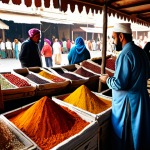 A vibrant, bustling open-air spice market scene in a historic setting, reminiscent of an ancient Middle Eastern bazaar. Vendors and customers, all fully clothed in modest traditional attire, engage in commerce amidst richly piled, colorful spices displayed in jute sacks, wooden crates, and clay pots. Sunlight filters through an awning, highlighting the textures and creating an inviting, aromatic atmosphere. This family-friendly depiction showcases a diverse cultural exchange. safe for work, appropriate content, perfect anatomy, correct proportions, natural pose, well-formed hands, proper finger count, natural body proportions, professional photography, high quality, professional, modest.