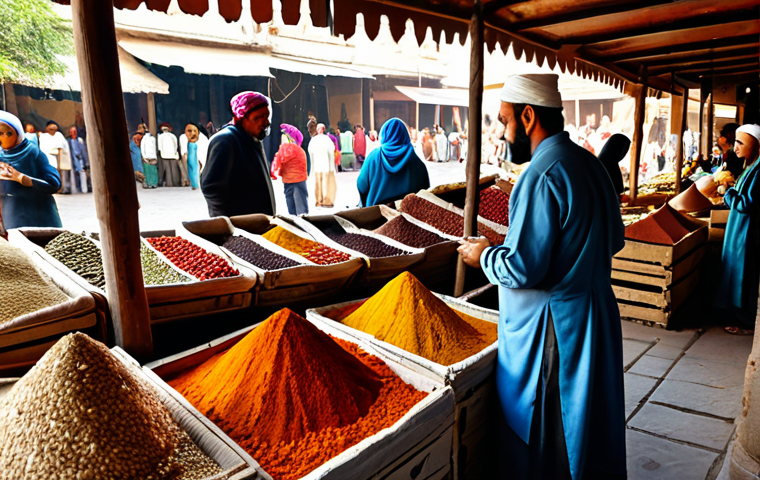 A vibrant, bustling open-air spice market scene in a historic setting, reminiscent of an ancient Middle Eastern bazaar. Vendors and customers, all fully clothed in modest traditional attire, engage in commerce amidst richly piled, colorful spices displayed in jute sacks, wooden crates, and clay pots. Sunlight filters through an awning, highlighting the textures and creating an inviting, aromatic atmosphere. This family-friendly depiction showcases a diverse cultural exchange. safe for work, appropriate content, perfect anatomy, correct proportions, natural pose, well-formed hands, proper finger count, natural body proportions, professional photography, high quality, professional, modest.