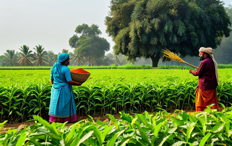 Spice Harvest Scene**
"A vibrant and colourful scene of farmers harvesting spices in a lush field, fully clothed in traditional South Asian attire, appropriate content, safe for work. The sun is shining, and the air is filled with the aroma of spices. Perfect anatomy, correct proportions, natural pose. Professional photography, high quality, family-friendly."
**