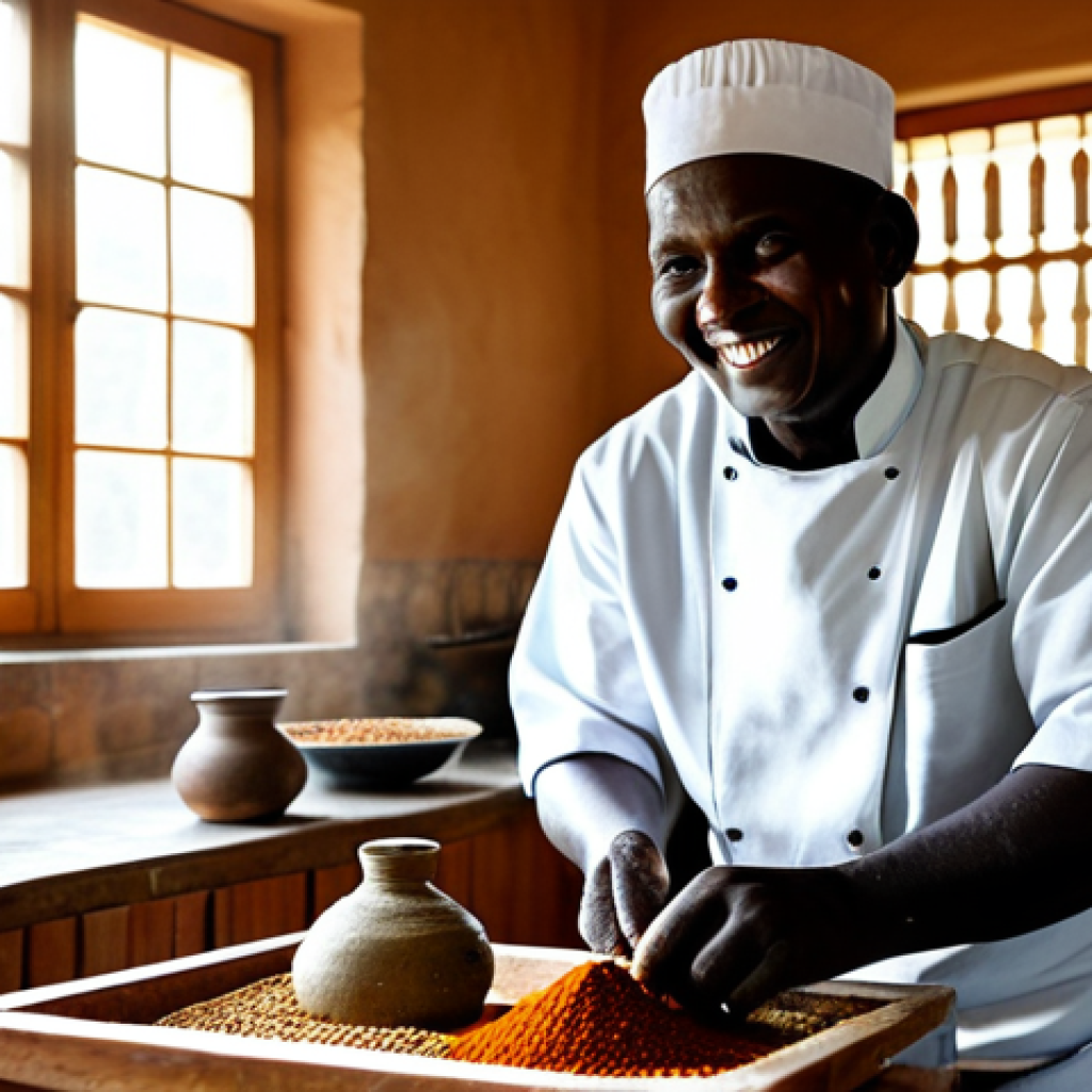 **

"A Kenyan chef, fully clothed in traditional, modest attire, smiles warmly while grinding spices with a stone mortar and pestle. Sunlight streams through a window, illuminating the colorful spices and the chef's hands. The background is a simple, clean kitchen. safe for work, appropriate content, perfect anatomy, natural pose, professional photography, high quality."

**