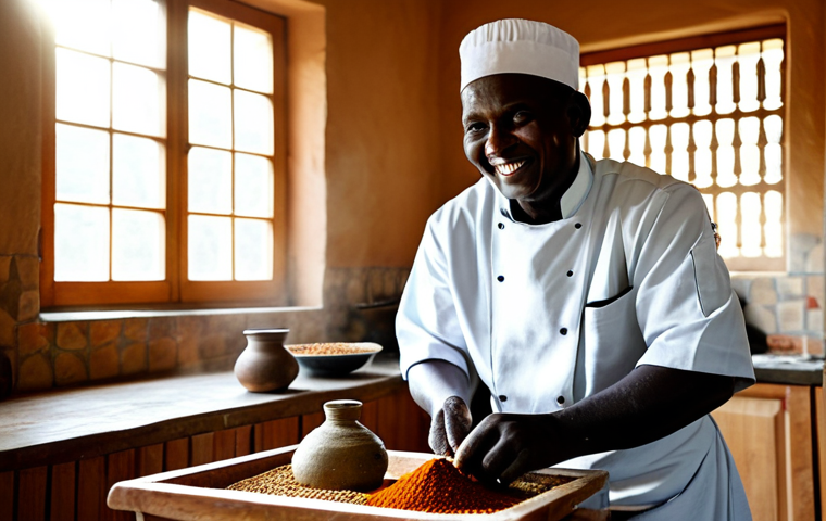 **
"A Kenyan chef, fully clothed in traditional, modest attire, smiles warmly while grinding spices with a stone mortar and pestle. Sunlight streams through a window, illuminating the colorful spices and the chef's hands. The background is a simple, clean kitchen. safe for work, appropriate content, perfect anatomy, natural pose, professional photography, high quality."
**
