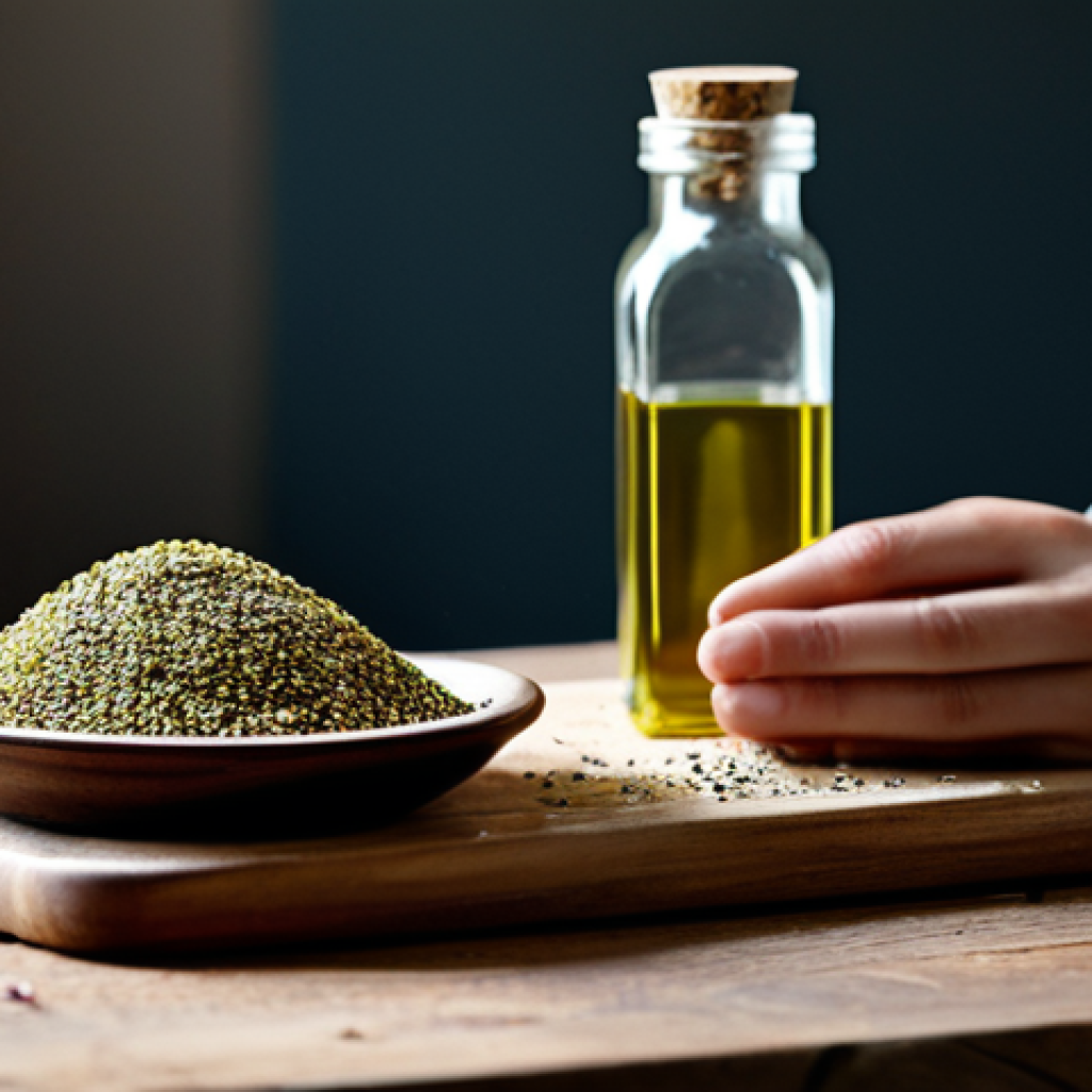 중동 향신료 블렌드의 독특한 활용법 - Za'atar Still Life**
"A rustic wooden table topped with a bowl of za'atar spice blend, a small bott...