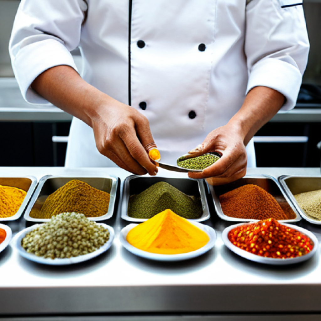 아시아 향신료 블렌드의 독창성과 특징 - **
"A professional chef in a modern kitchen, fully clothed in a clean chef's uniform, preparing a c...