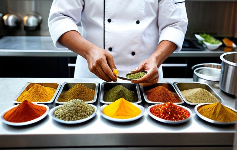 아시아 향신료 블렌드의 독창성과 특징 - **
"A professional chef in a modern kitchen, fully clothed in a clean chef's uniform, preparing a c...