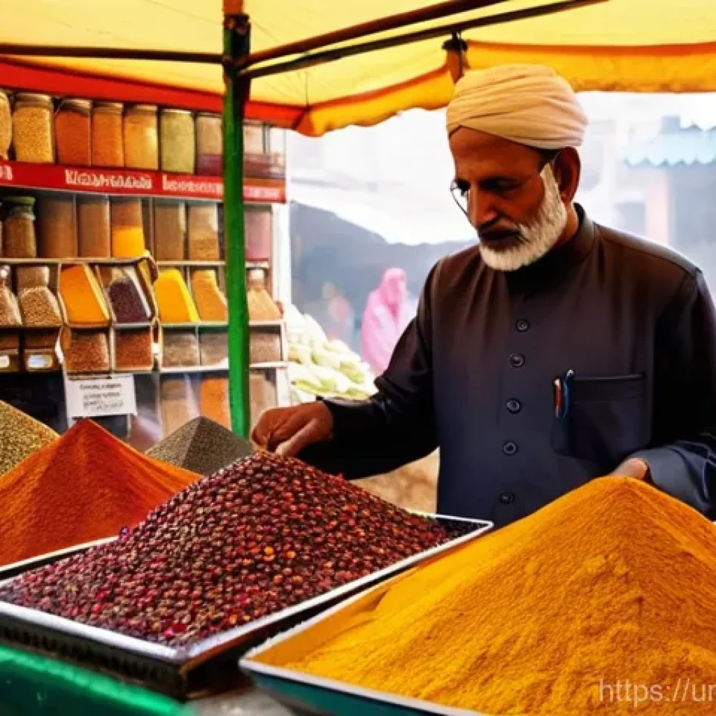 향신료 블렌드의 조리 시 주의사항 - **A Vibrant Local Spice Market Scene:**
A bustling and colorful traditional market in a Pakistan...