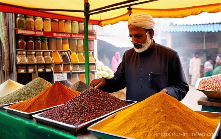 향신료 블렌드의 조리 시 주의사항 - **A Vibrant Local Spice Market Scene:**
A bustling and colorful traditional market in a Pakistan...