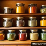 Home 22 향신료 블렌드의 저장 방법과 유통기한 - A cozy, traditional South Asian kitchen scene featuring neatly arranged glass jars filled with color...