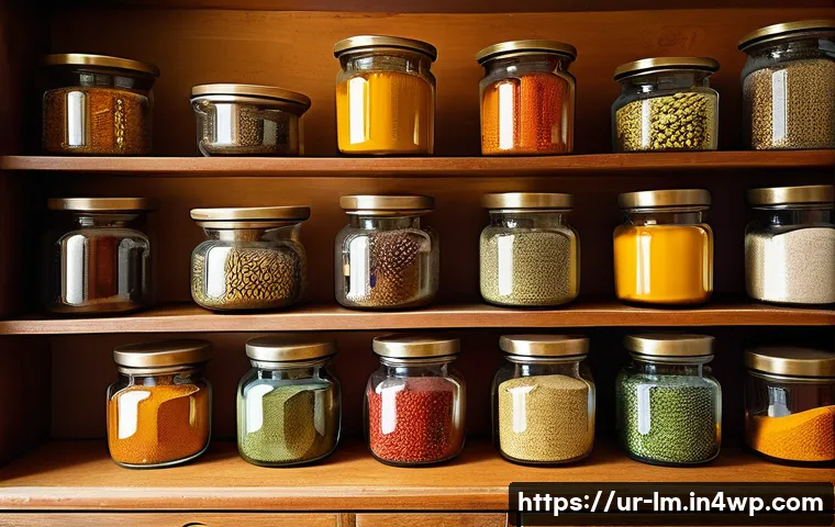 향신료 블렌드의 저장 방법과 유통기한 - A cozy, traditional South Asian kitchen scene featuring neatly arranged glass jars filled with color...