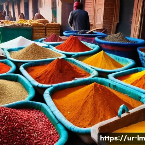 Home 32 향신료 블렌드의 역사적 기원과 발전 - A vibrant South Asian spice market scene in Lahore, Pakistan, showcasing an array of colorful spices...