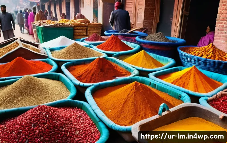 향신료 블렌드의 역사적 기원과 발전 - A vibrant South Asian spice market scene in Lahore, Pakistan, showcasing an array of colorful spices...