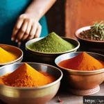 Home 19 향신료 블렌드의 맛과 향 탐구 - A vibrant traditional South Asian kitchen scene featuring an array of fresh and dried spices such as...
