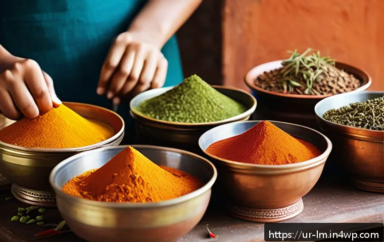 향신료 블렌드의 맛과 향 탐구 - A vibrant traditional South Asian kitchen scene featuring an array of fresh and dried spices such as...