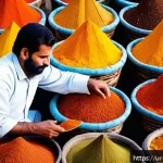 Home 18 향신료 블렌드의 글로벌 트렌드 이해하기 - A vibrant market scene in a traditional Pakistani spice bazaar, showcasing colorful piles of turmeri...