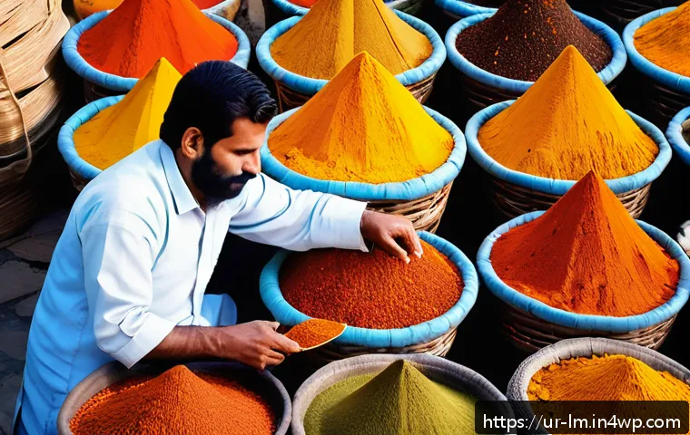 향신료 블렌드의 글로벌 트렌드 이해하기 - A vibrant market scene in a traditional Pakistani spice bazaar, showcasing colorful piles of turmeri...