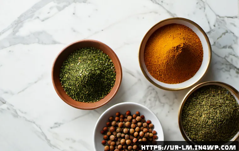 Home 17 각국의 향신료 블렌드와 문화적 정체성 - Photorealistic overhead still life of a Pakistani home kitchen table showing distinct spice blend bo...