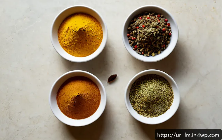 Home 17 향신료 블렌드의 맛과 향 비교 분석 - Photorealistic overhead comparison scene of four small ceramic bowls holding distinct Pakistani and ...
